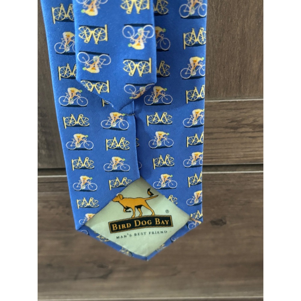 Bird Dog Bay Mens Silk Tie Blue Cycling Bicycle Cyclist Print Hand Printed Tie